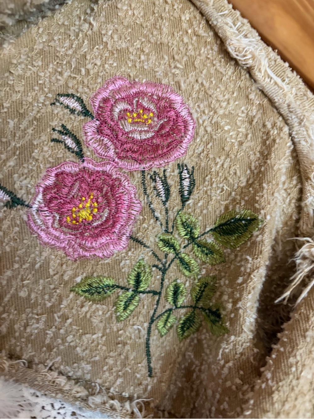 POL Tan Crochet-Accent Jacket with Embroidered Rose & Peace - Picture 3 of 7